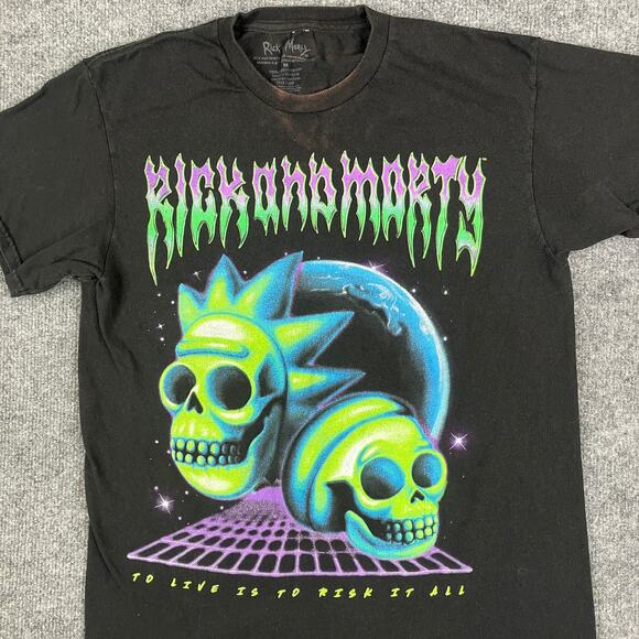Rick and Morty T-Shirt Mens Size M Black Neon Skull Graphic Tee Cartoon Network - Picture 1 of 7